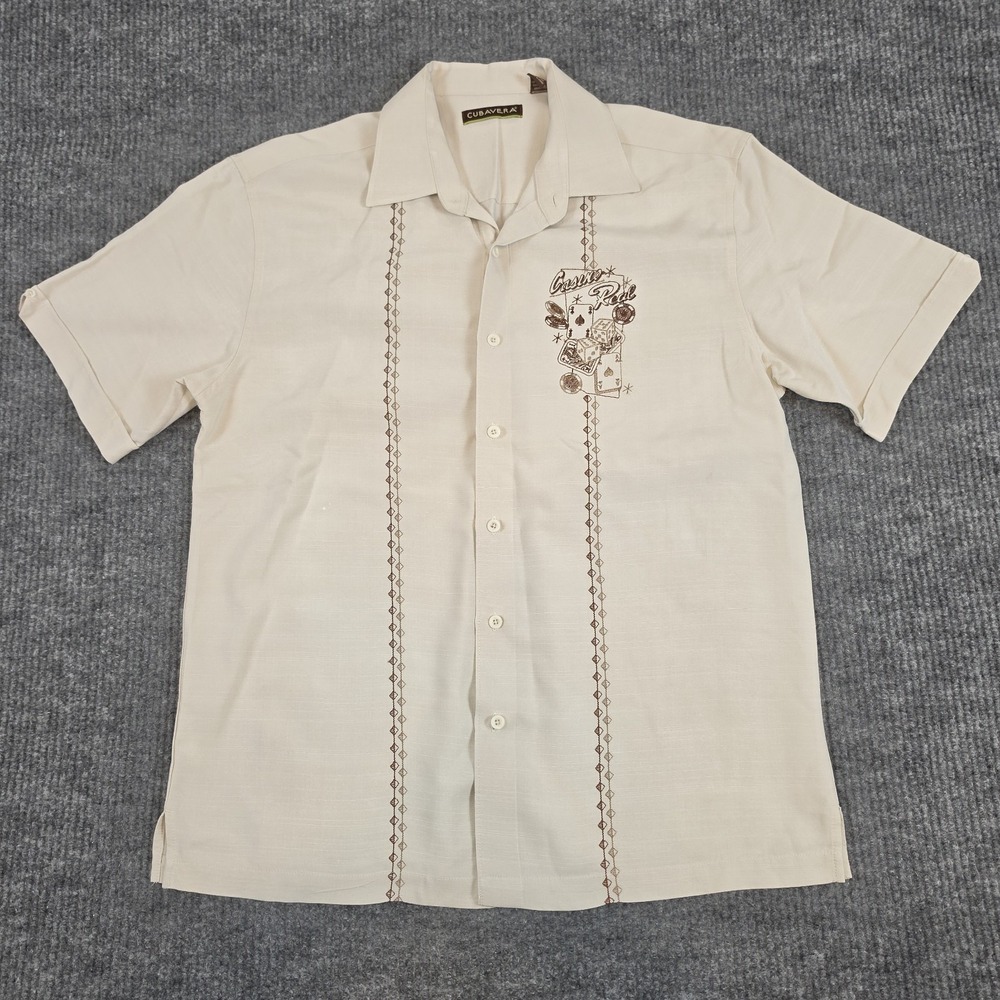 Cubavera Hawaiian Shirt Men's L Cream Color Casino Real Embroidery Button Down